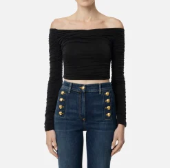 Top, T-Shirt & Body|Elisabetta Franchi Top in jersey cupro drappeggiato Nero