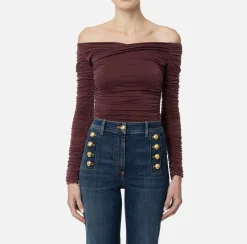 Top, T-Shirt & Body|Elisabetta Franchi Top in jersey cupro drappeggiato RougeNoir