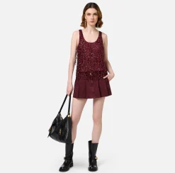 Top, T-Shirt & Body|Elisabetta Franchi Top in tulle ricamato con frange di paillettes RougeNoir