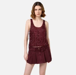 Top, T-Shirt & Body|Elisabetta Franchi Top in tulle ricamato con frange di paillettes RougeNoir