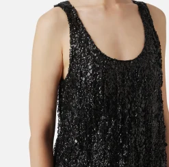 Top, T-Shirt & Body|Elisabetta Franchi Top in tulle ricamato con frange di paillettes Nero