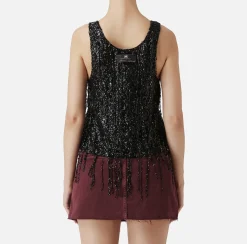 Top, T-Shirt & Body|Elisabetta Franchi Top in tulle ricamato con frange di paillettes Nero