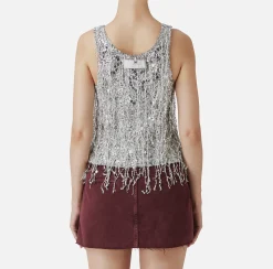 Top, T-Shirt & Body|Elisabetta Franchi Top in tulle ricamato con frange di paillettes Silver