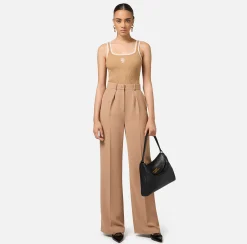 Top, T-Shirt & Body|Elisabetta Franchi Top in viscosa con logo college Camel/Burro