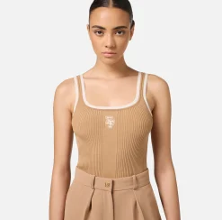 Top, T-Shirt & Body|Elisabetta Franchi Top in viscosa con logo college Camel/Burro