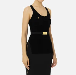 Top, T-Shirt & Body|Elisabetta Franchi Top in viscosa e seta a costine con ricamo logo Nero