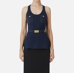 Top, T-Shirt & Body|Elisabetta Franchi Top in viscosa e seta a costine con ricamo logo Navy