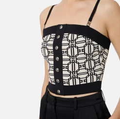Top, T-Shirt & Body|Elisabetta Franchi Top logo in misto viscosa jacquard Burro/Nero