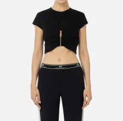 Top, T-Shirt & Body|Elisabetta Franchi T-shirt cropped in jersey con zip Nero