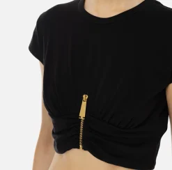 Top, T-Shirt & Body|Elisabetta Franchi T-shirt cropped in jersey con zip Nero
