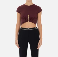 Top, T-Shirt & Body|Elisabetta Franchi T-shirt cropped in jersey con zip RougeNoir