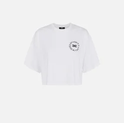 Top, T-Shirt & Body|Elisabetta Franchi T-shirt cropped in jersey con logo Gesso