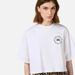 Top, T-Shirt & Body|Elisabetta Franchi T-shirt cropped in jersey con logo Gesso