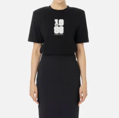 Top, T-Shirt & Body|Elisabetta Franchi T-shirt in cotone con patch logo stile college Nero