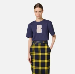 Top, T-Shirt & Body|Elisabetta Franchi T-shirt in cotone con patch logo stile college Navy