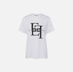 Top, T-Shirt & Body|Elisabetta Franchi T-shirt in jersey con maxi logo Gesso/Nero