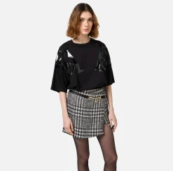 Top, T-Shirt & Body|Elisabetta Franchi T-shirt in jersey con maxi logo sulle maniche Nero