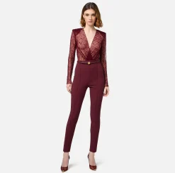 Tute|Elisabetta Franchi Tuta combinata in tulle flock disegno diagonale RougeNoir