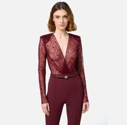 Tute|Elisabetta Franchi Tuta combinata in tulle flock disegno diagonale RougeNoir