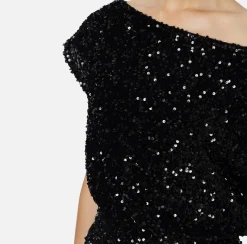 Tute|Elisabetta Franchi Tuta corta in ciniglia ricamata con paillettes Nero