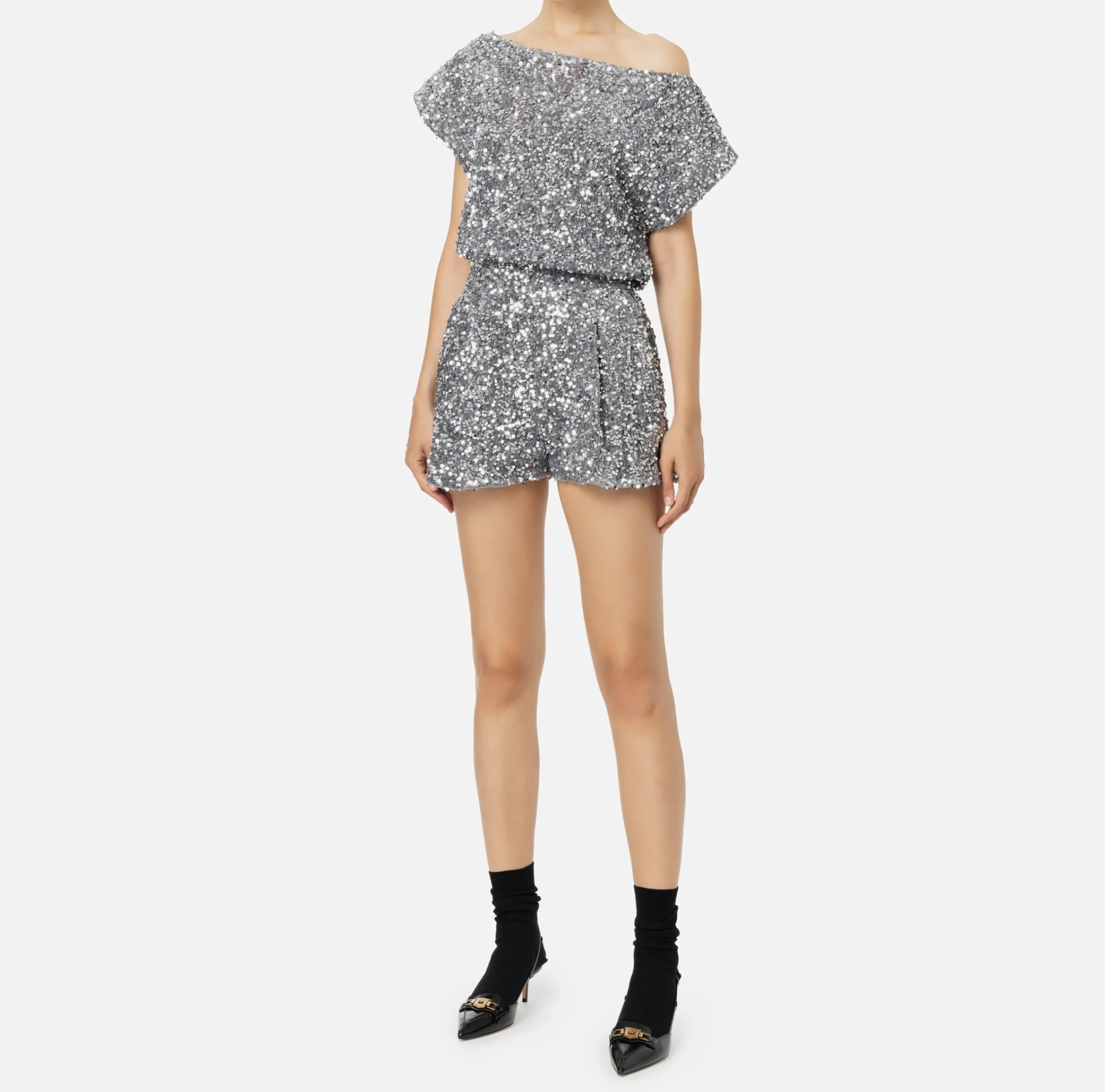 Tute|Elisabetta Franchi Tuta corta in ciniglia ricamata con paillettes Steel