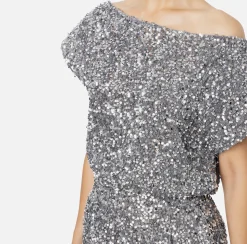 Tute|Elisabetta Franchi Tuta corta in ciniglia ricamata con paillettes Steel