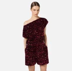 Tute|Elisabetta Franchi Tuta corta in ciniglia ricamata con paillettes RougeNoir