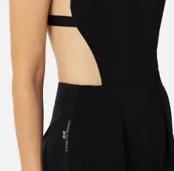 Tute|Elisabetta Franchi Tuta corta in fresco di lana con elastico logato Nero