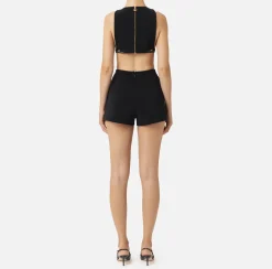 Tute|Elisabetta Franchi Tuta corta in fresco di lana con elastico logato Nero