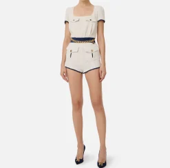 Tute|Elisabetta Franchi Tuta corta in tweed con tasche Burro/Navy