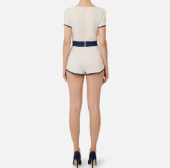 Tute|Elisabetta Franchi Tuta corta in tweed con tasche Burro/Navy