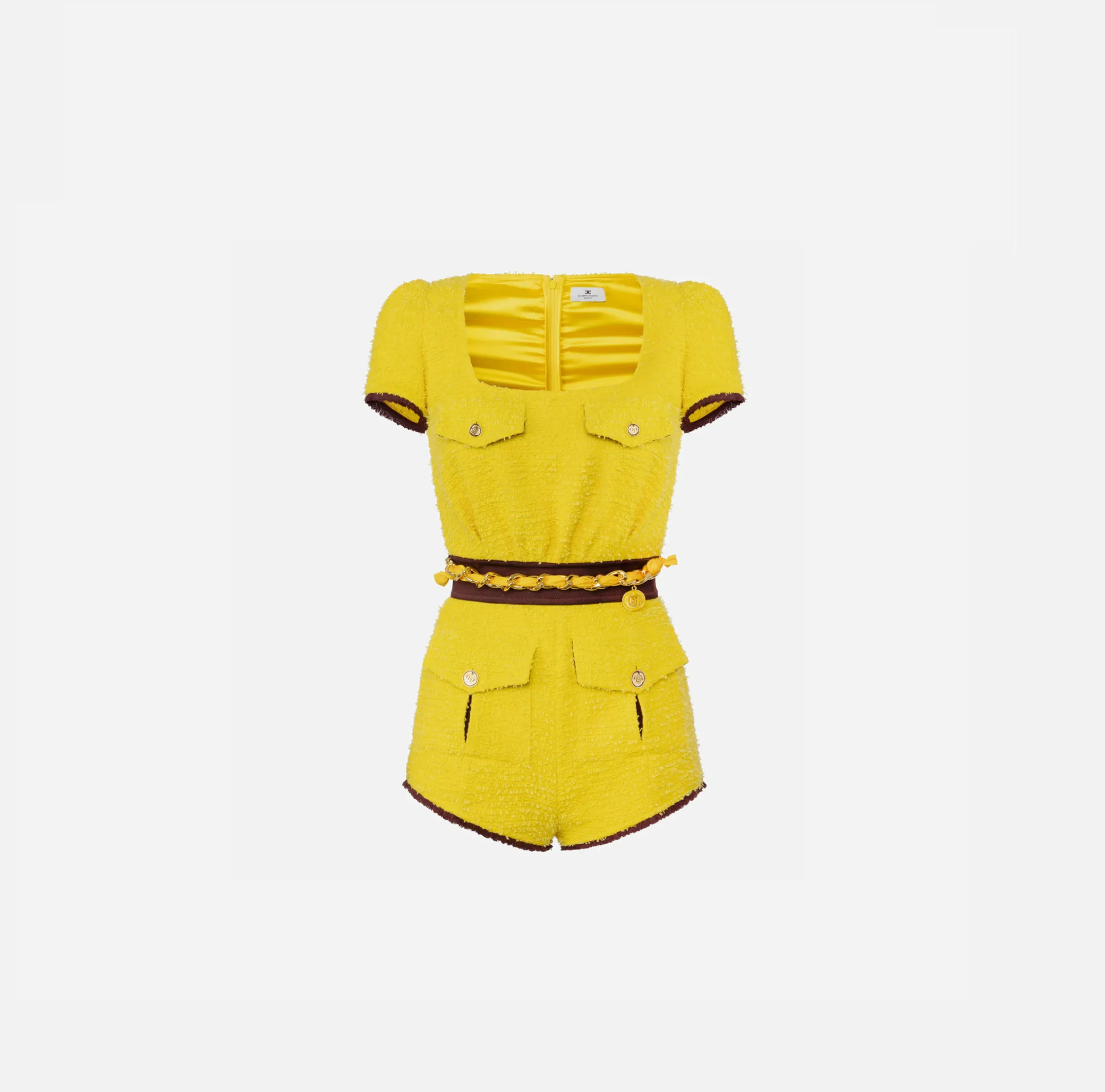 Tute|Elisabetta Franchi Tuta corta in tweed con tasche Mimosa/RougeNoir