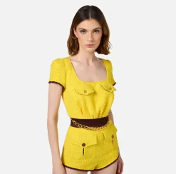 Tute|Elisabetta Franchi Tuta corta in tweed con tasche Mimosa/RougeNoir