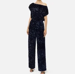 Tute|Elisabetta Franchi Tuta in ciniglia ricamata con pailettes Navy