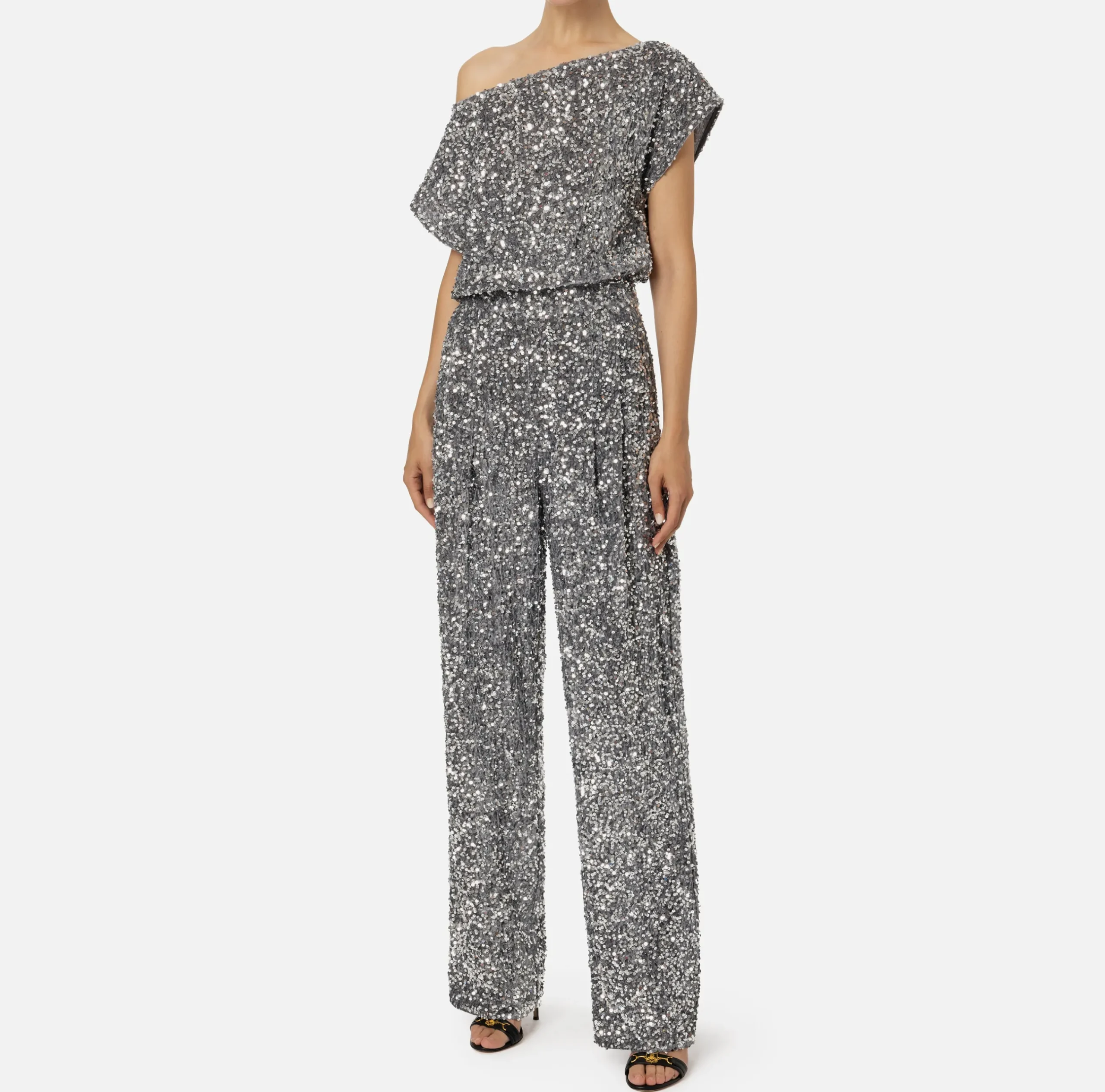 Tute|Elisabetta Franchi Tuta in ciniglia ricamata con pailettes Steel