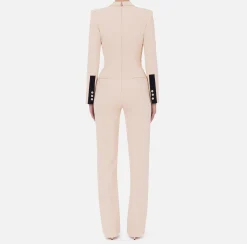 Tute|Elisabetta Franchi Tuta in crêpe con bande e ricamo logo Crema/Nero