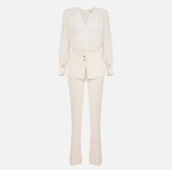 Tute|Elisabetta Franchi Tuta in crêpe con blusa in georgette e baschina Burro