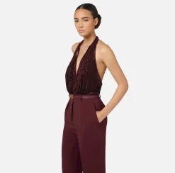 Tute|Elisabetta Franchi Tuta in crêpe e tulle ricamato con paillettes RougeNoir