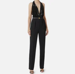 Tute|Elisabetta Franchi Tuta in crêpe e tulle ricamato con paillettes Nero