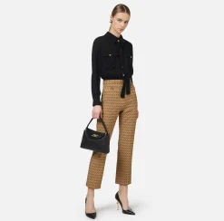Tute|Elisabetta Franchi Tuta in crêpe stretch stampa rombo con fiocco Camel/Nero