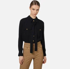 Tute|Elisabetta Franchi Tuta in crêpe stretch stampa rombo con fiocco Camel/Nero