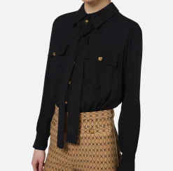 Tute|Elisabetta Franchi Tuta in crêpe stretch stampa rombo con fiocco Camel/Nero