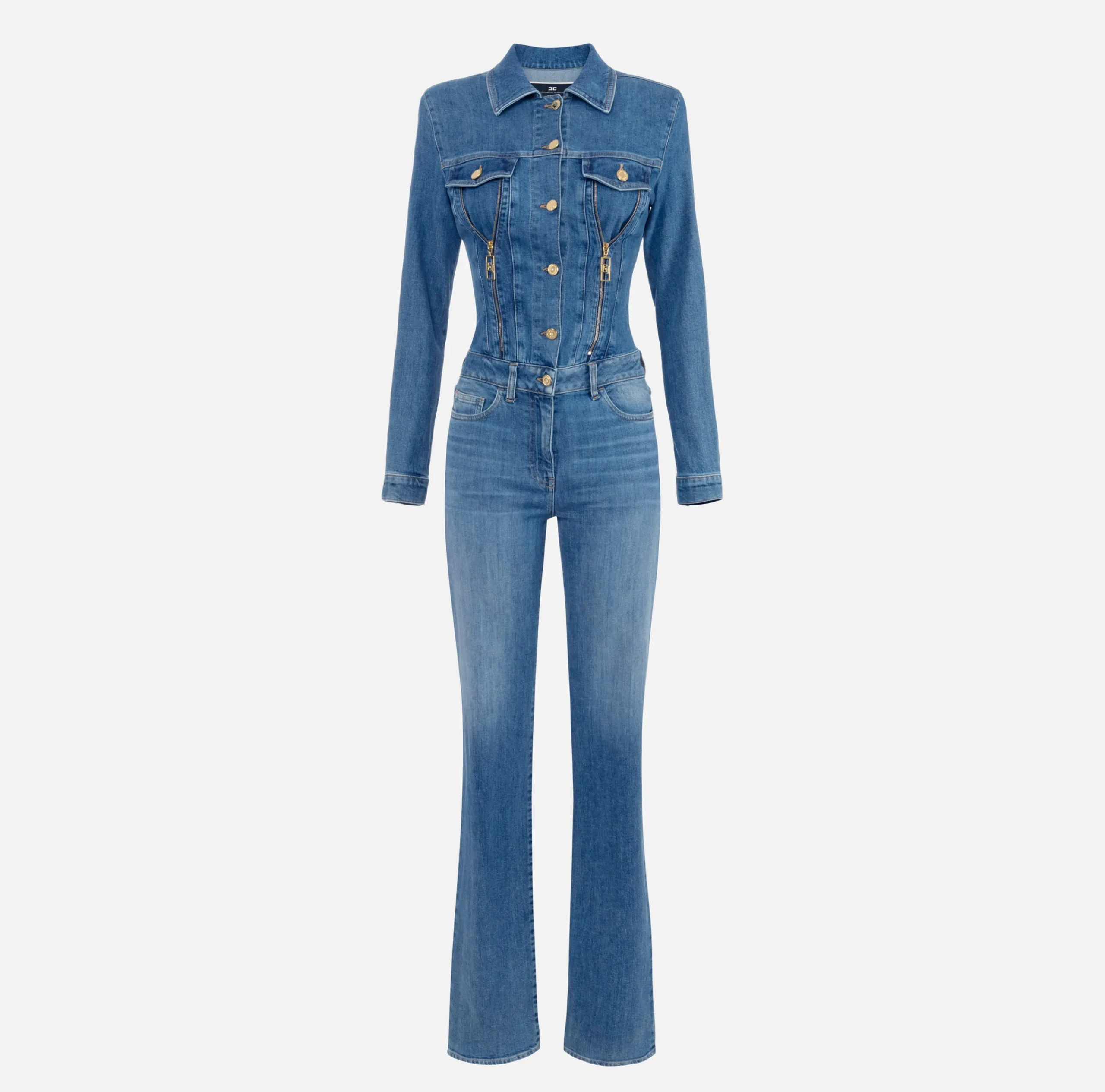 Tute|Elisabetta Franchi Tuta in denim con zip e spalline Bluedenim