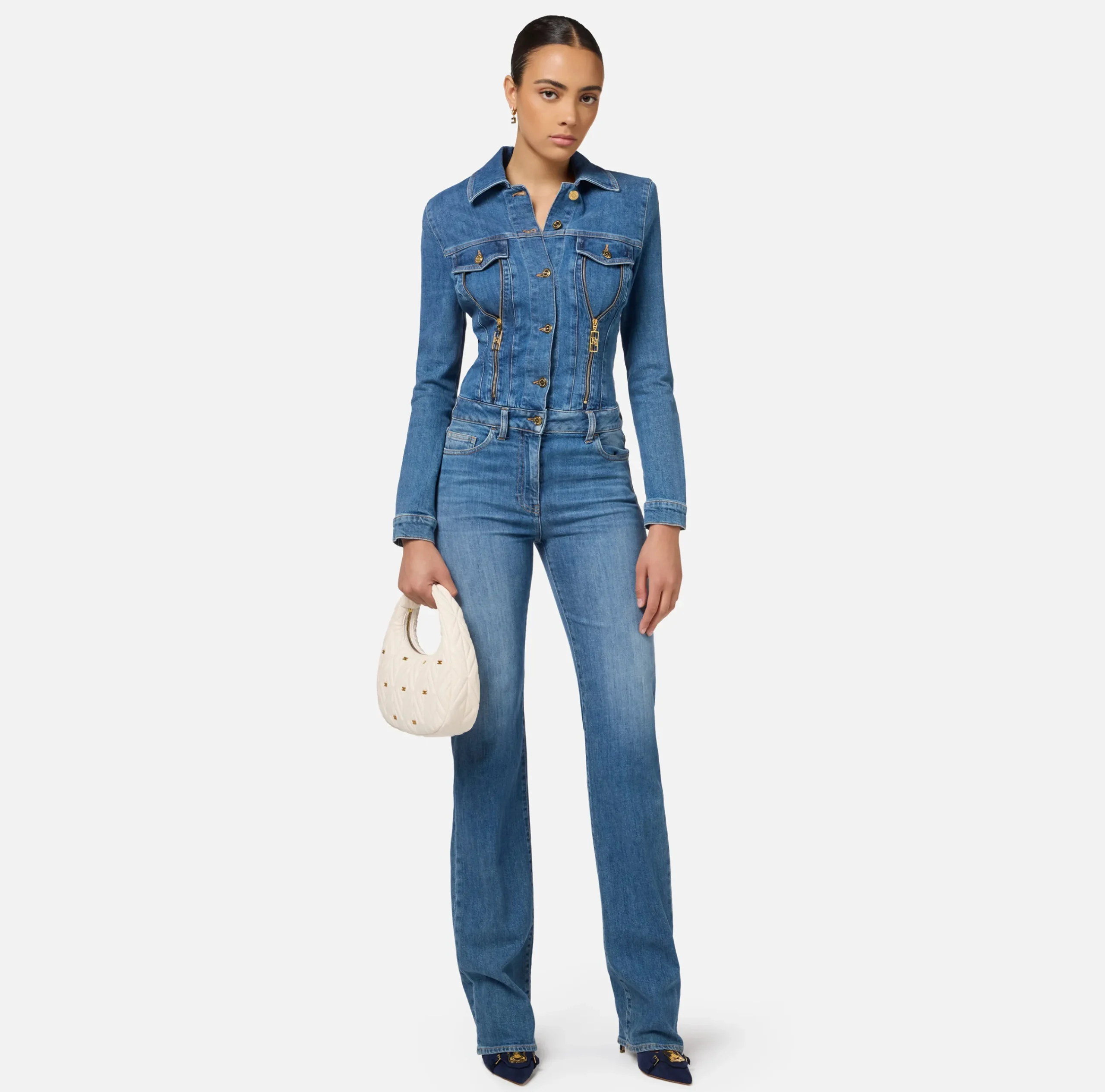 Tute|Elisabetta Franchi Tuta in denim con zip e spalline Bluedenim