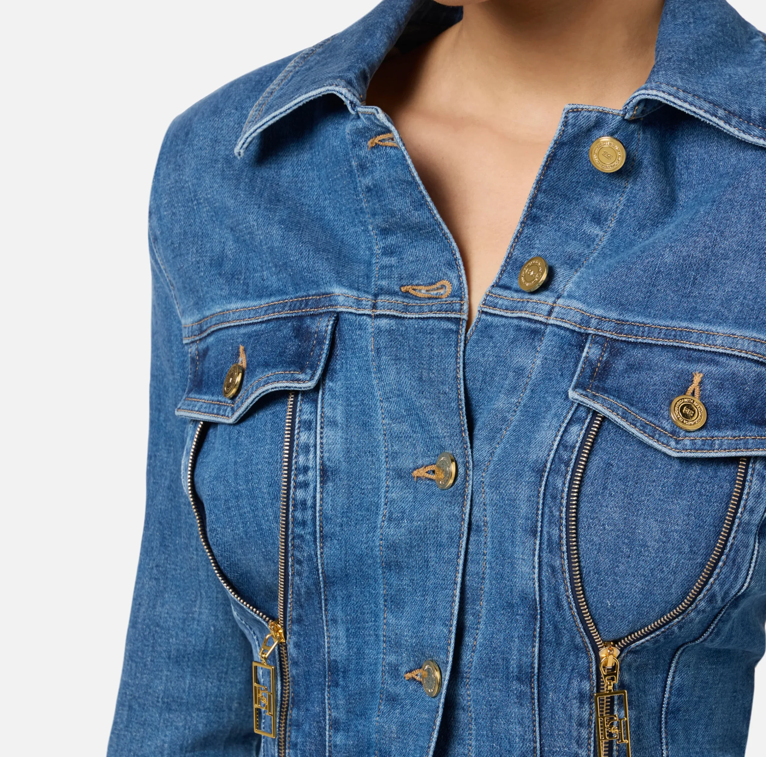 Tute|Elisabetta Franchi Tuta in denim con zip e spalline Bluedenim