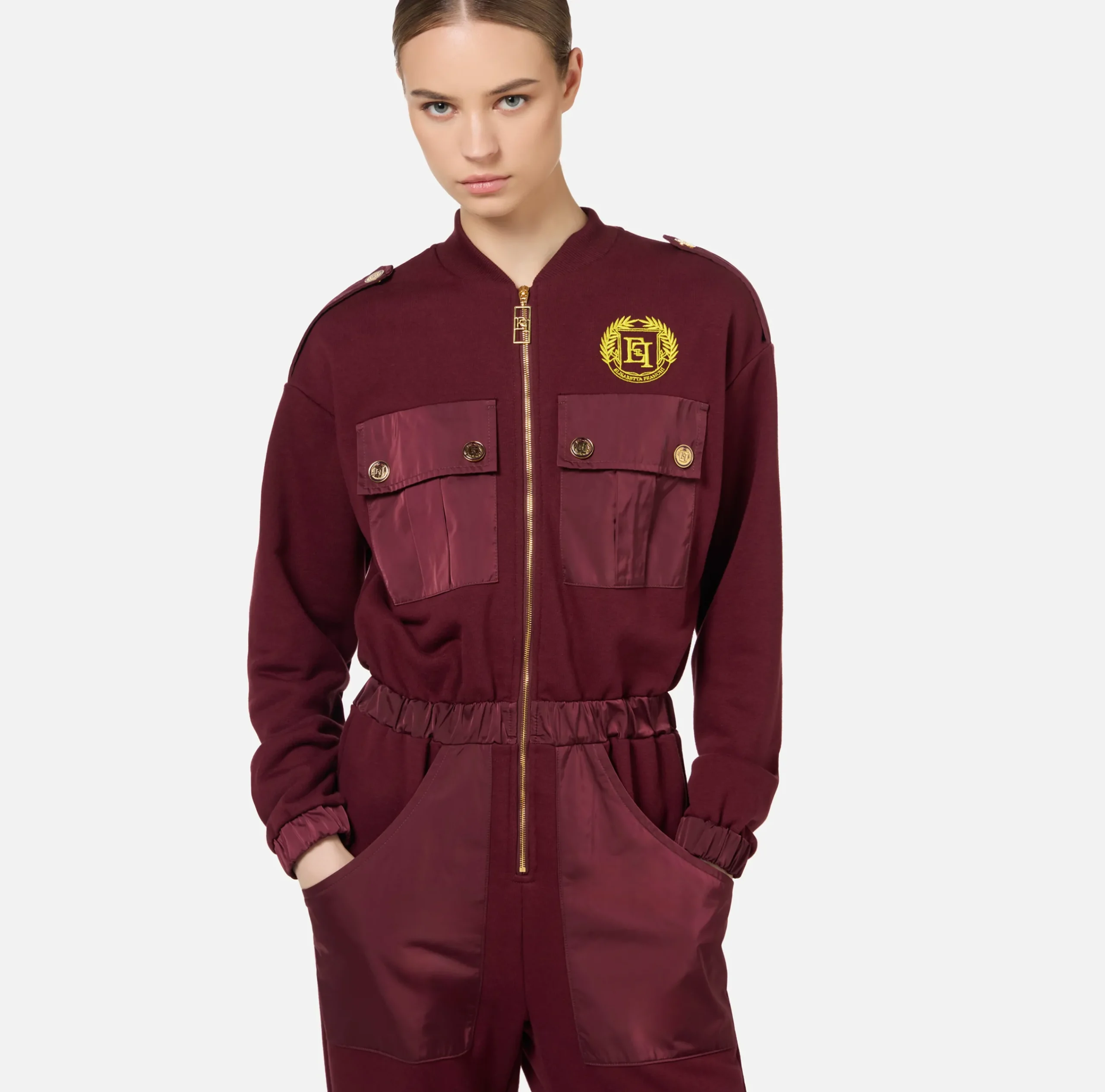 Tute|Elisabetta Franchi Tuta in felpa con tasche in nylon tecnico RougeNoir