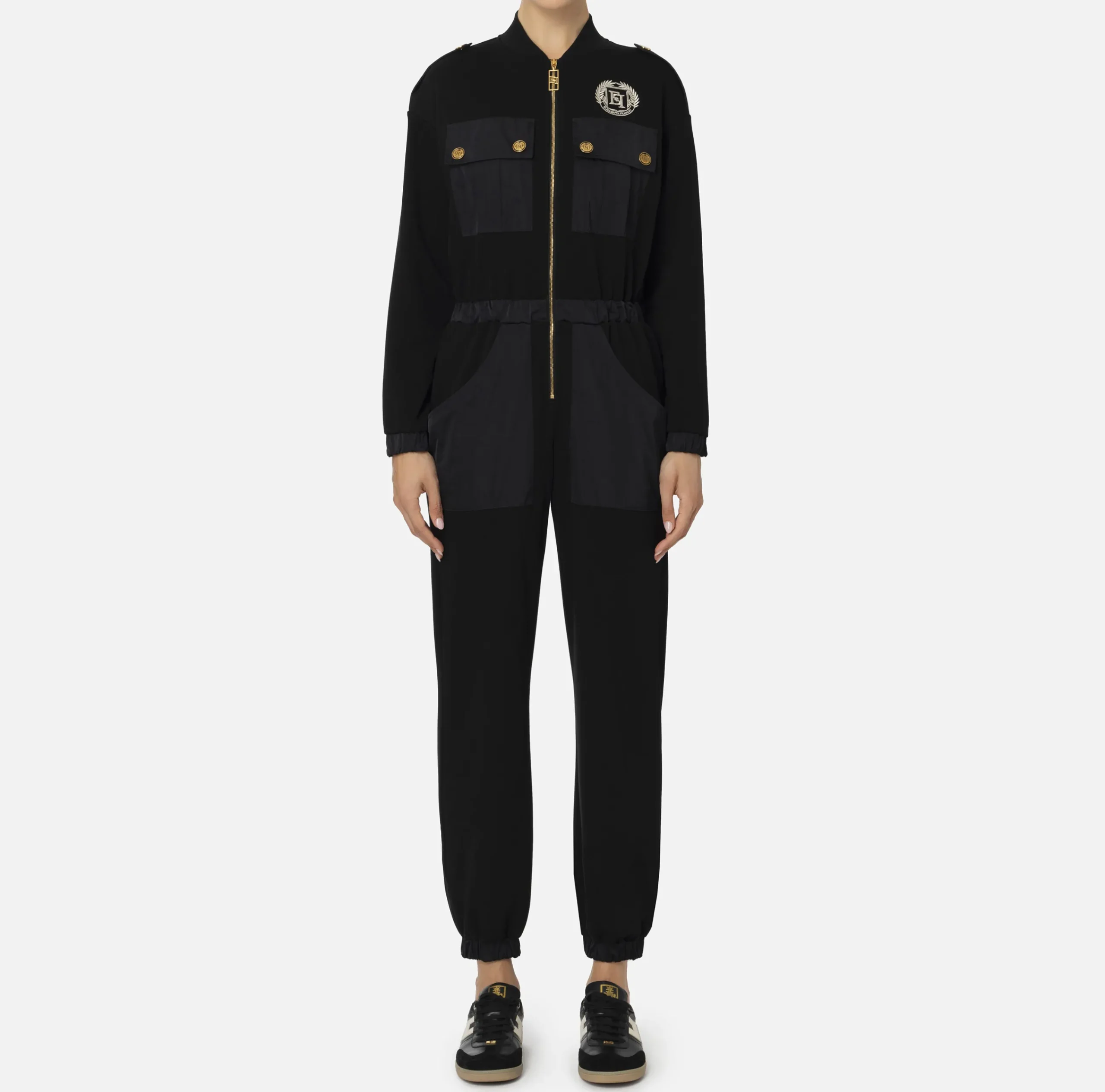Tute|Elisabetta Franchi Tuta in felpa con tasche in nylon tecnico Nero