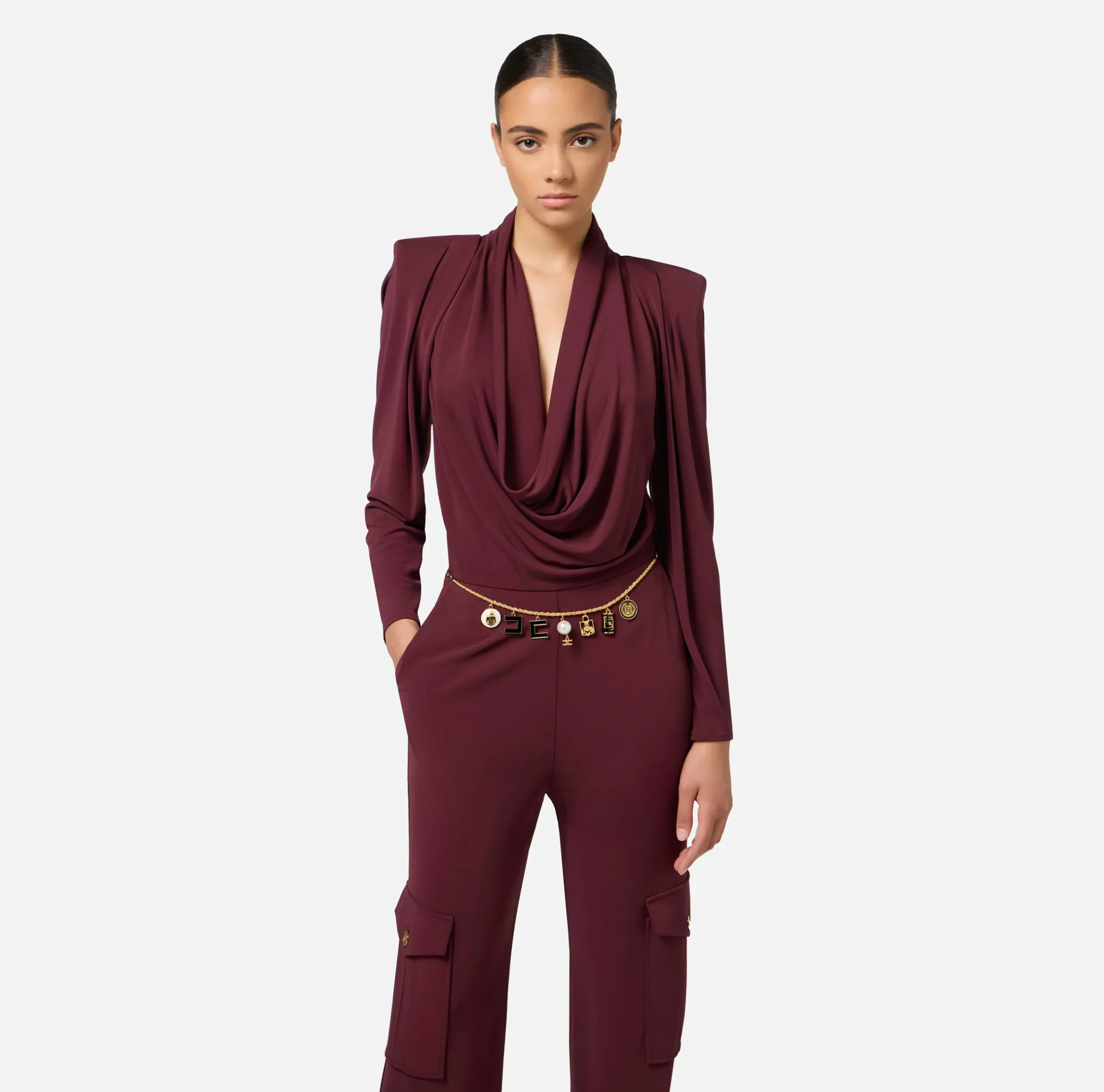 Tute|Elisabetta Franchi Tuta in jersey con cintura charms RougeNoir