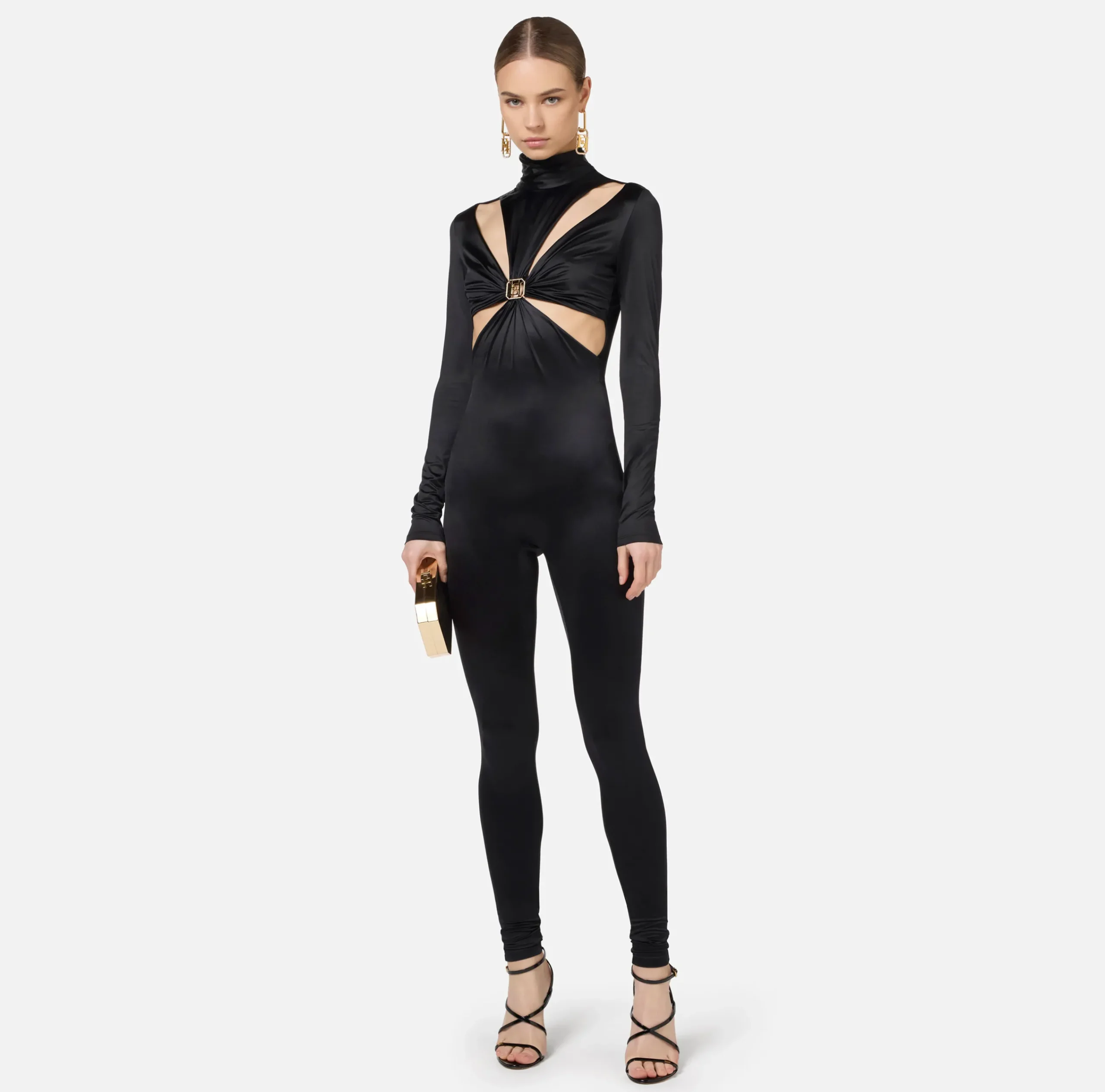 Tute|Elisabetta Franchi Tuta in lycra con motivo cut-out e accessorio logo Nero