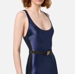 Tute|Elisabetta Franchi Tuta in lycra lucida con elastico logato Navy